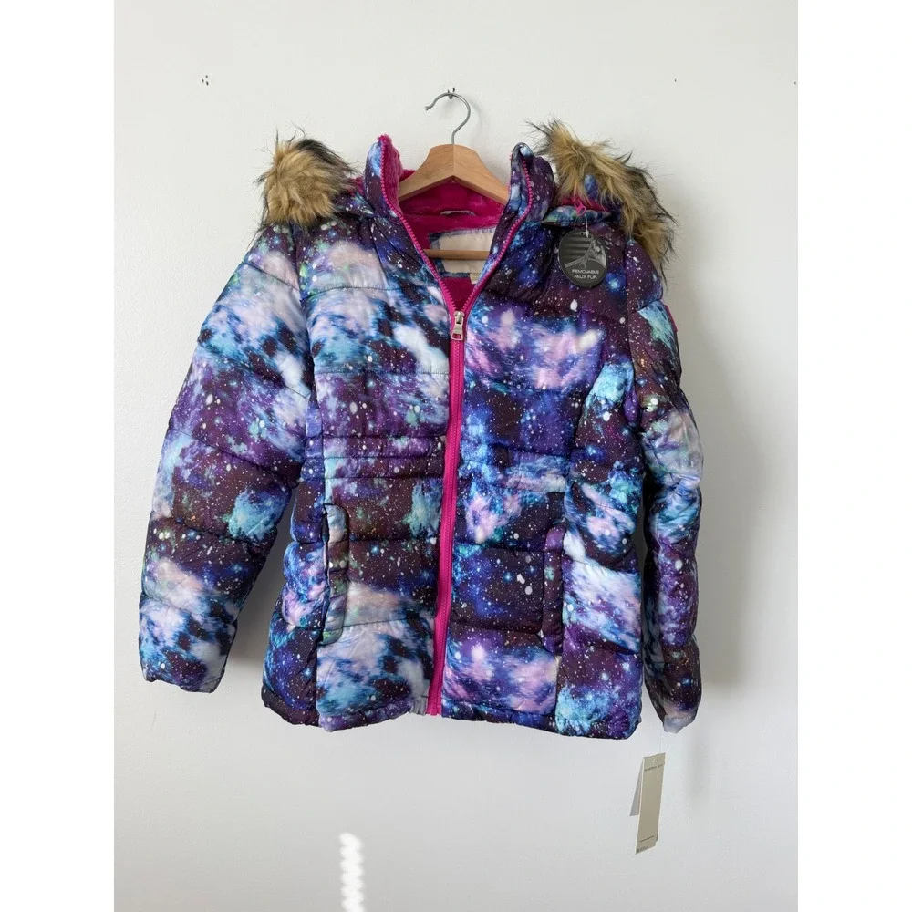 Madden Girl Girls Coat – Galaxy Print with Pink Fur Lining – Size 14/16 – NWT - Picture 1 of 4